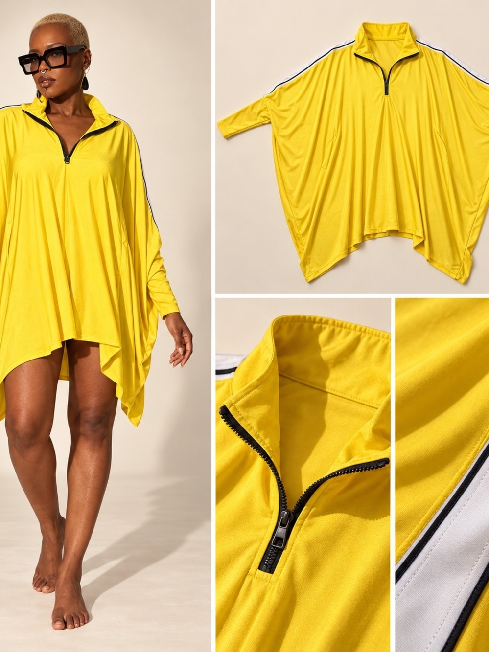 Yellow Oversized Batwing Tunic Dress – Quarter Zip & Striped Sleeves
